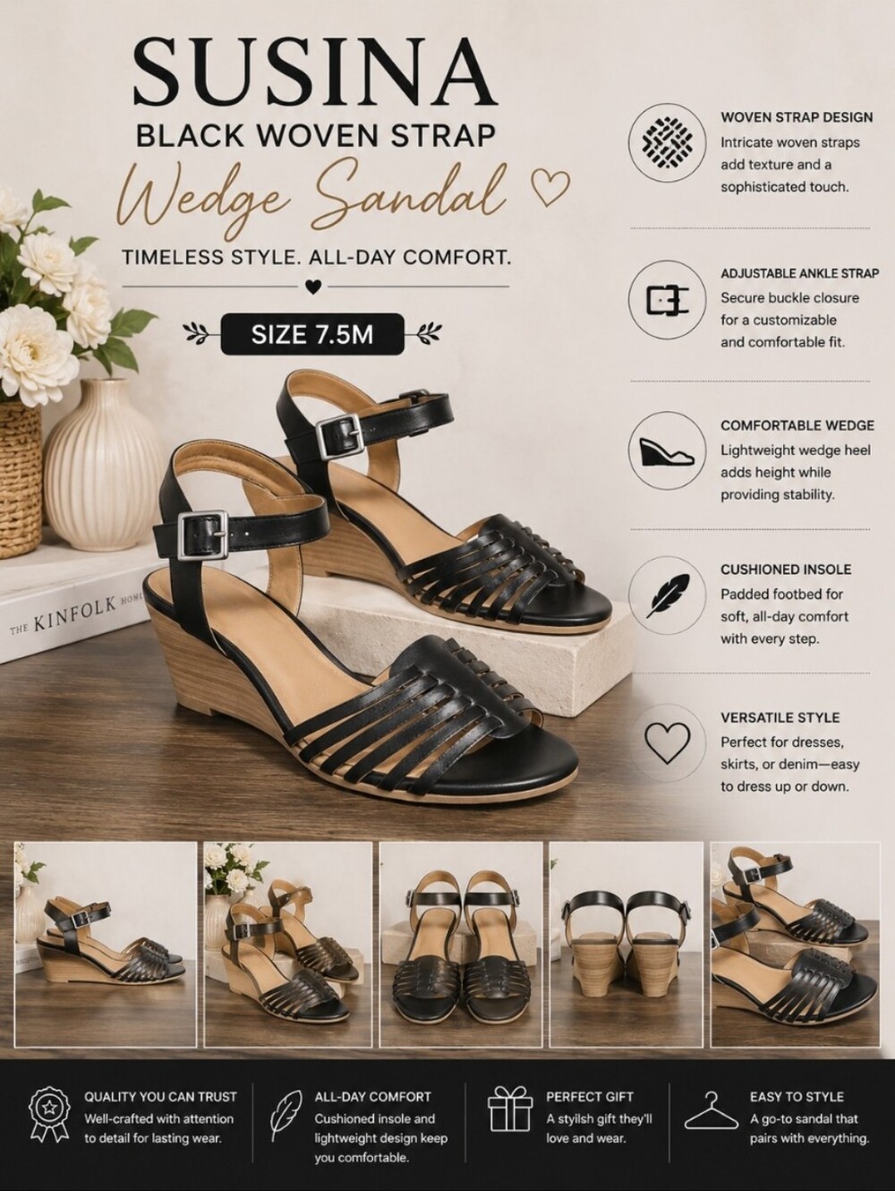 SUSINA Black Woven Strap Sandal Wedge 7.5M